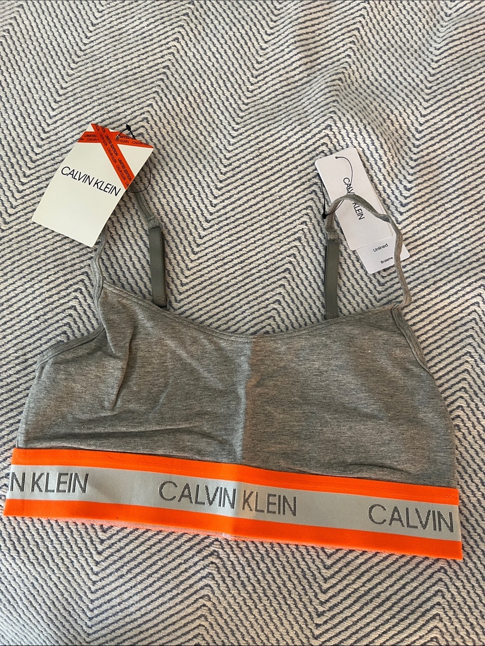 NWT Calvin Klein Gray Bralette with Orange Logo Band Cotton Size M